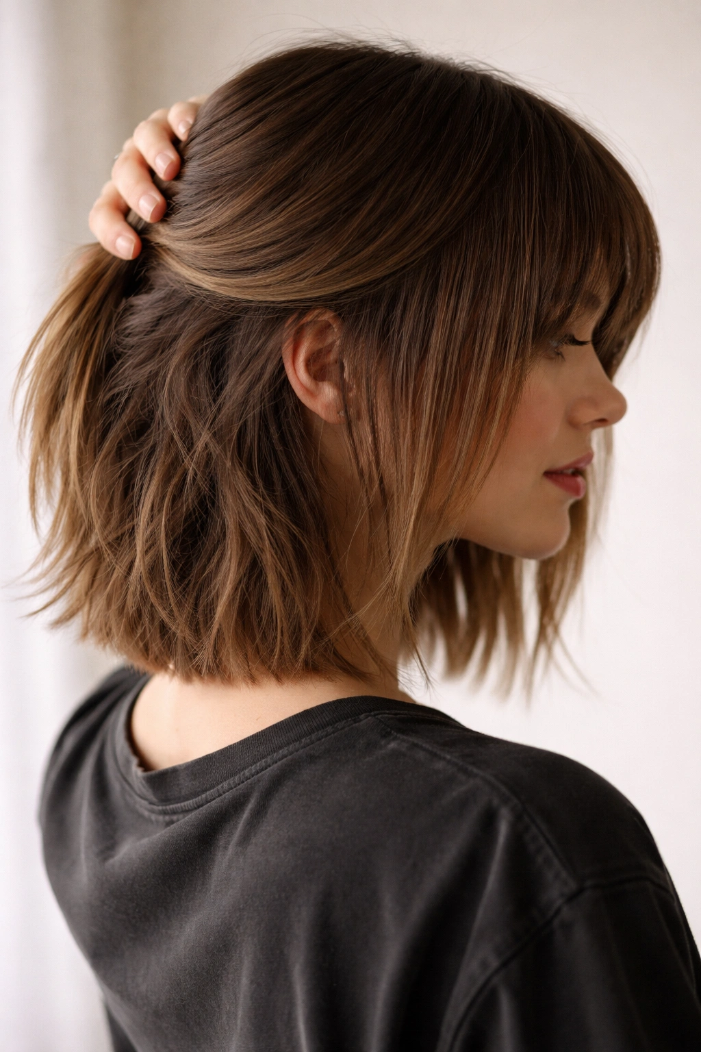 Blunt midlength hair with shaggy undercut visible beneath top layer