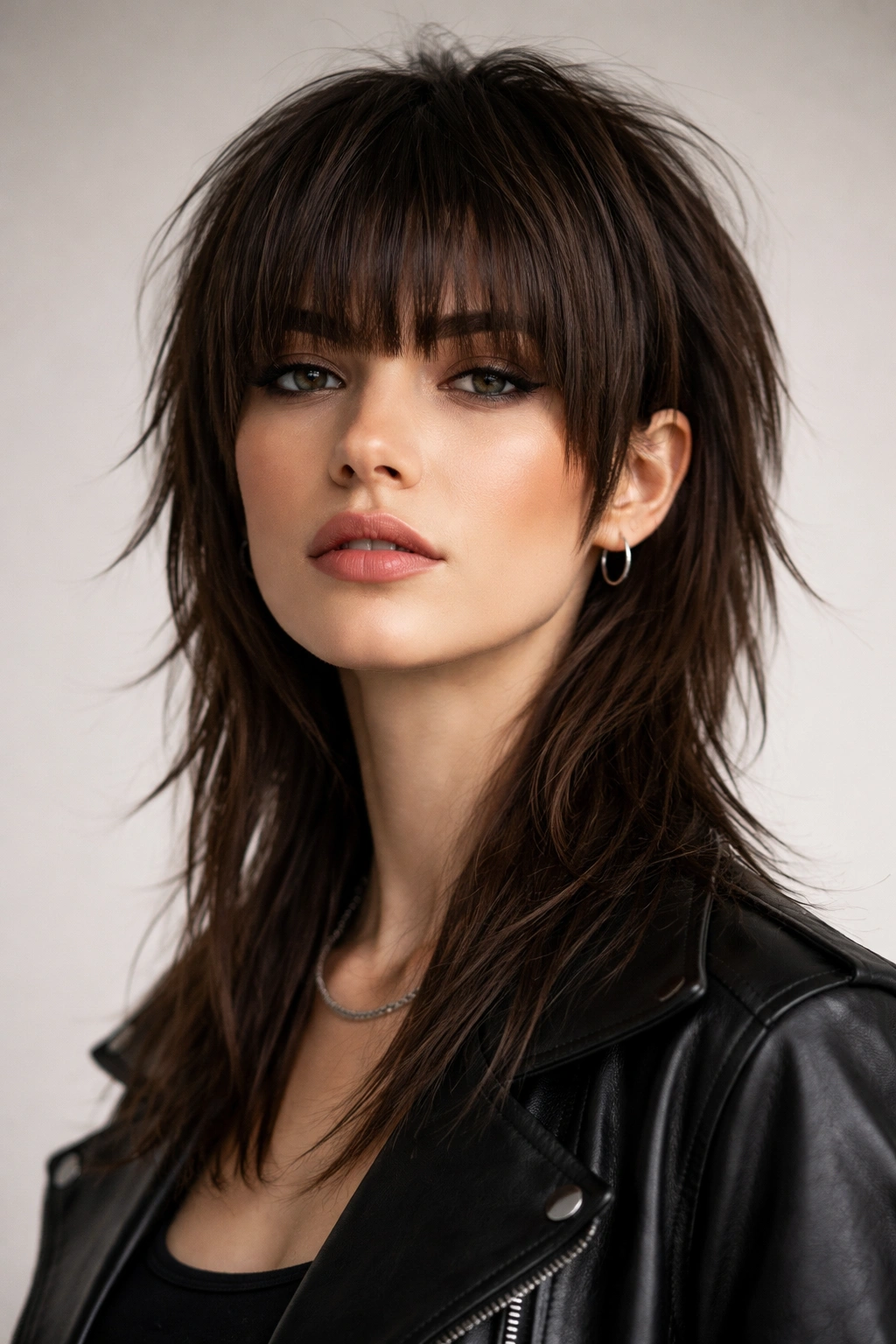 20 Flattering Mullet Cuts Women Are Requesting 2 Portrait of a blunt mullet with choppy bangs and strong geometric lines, longer back.