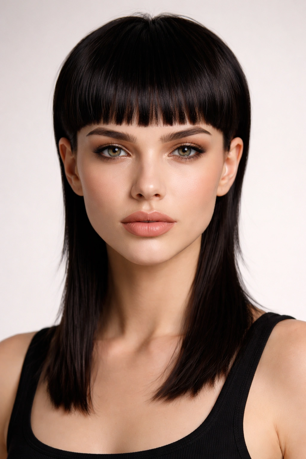 Close-up of The Sleek Blunt Mullet with blunt lines from front to back.