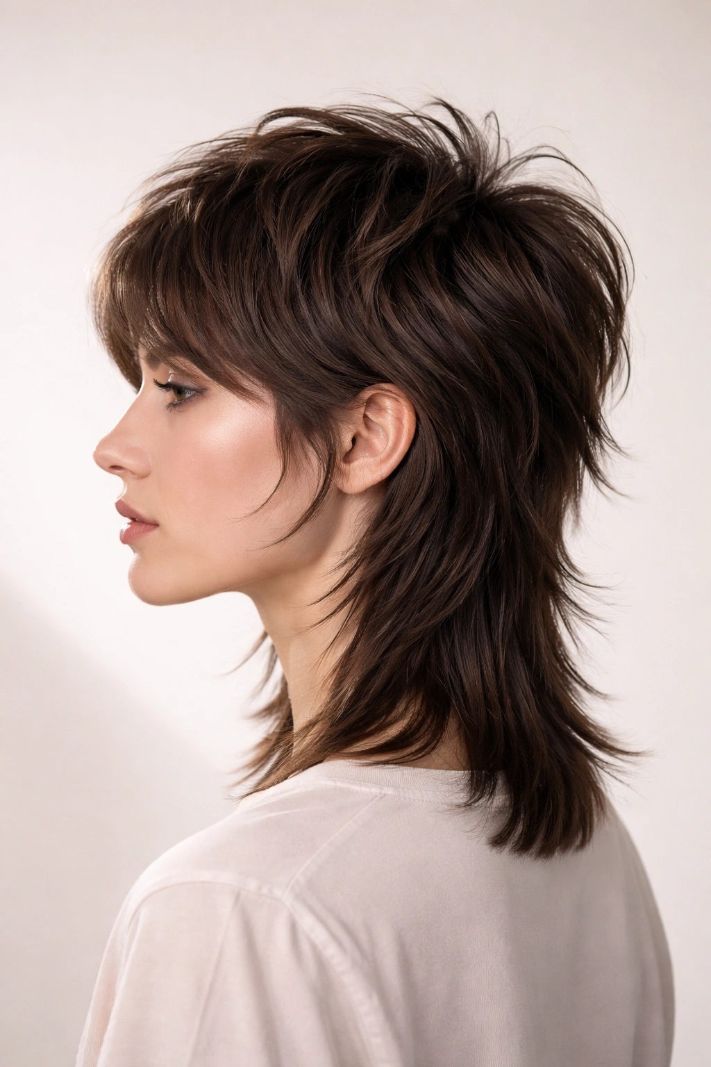 Profile view of blunt back edge mullet with layered crown and front layers