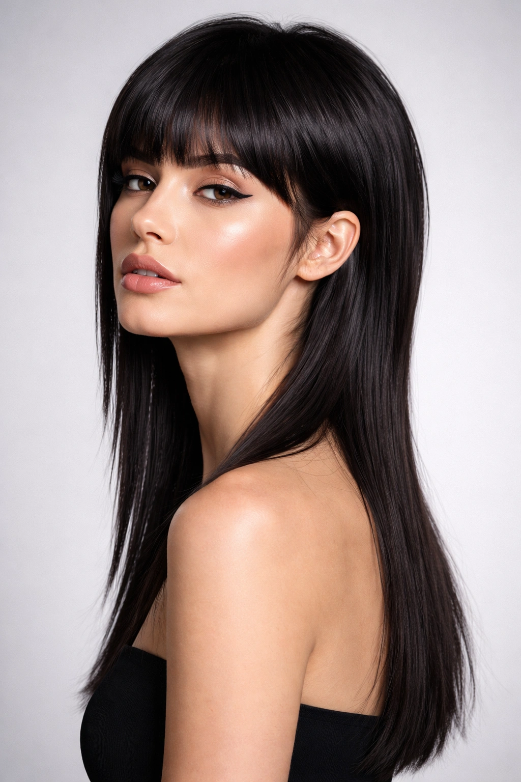 Portrait of a woman with a sleek blunt mullet showing a sharp front and smooth back.