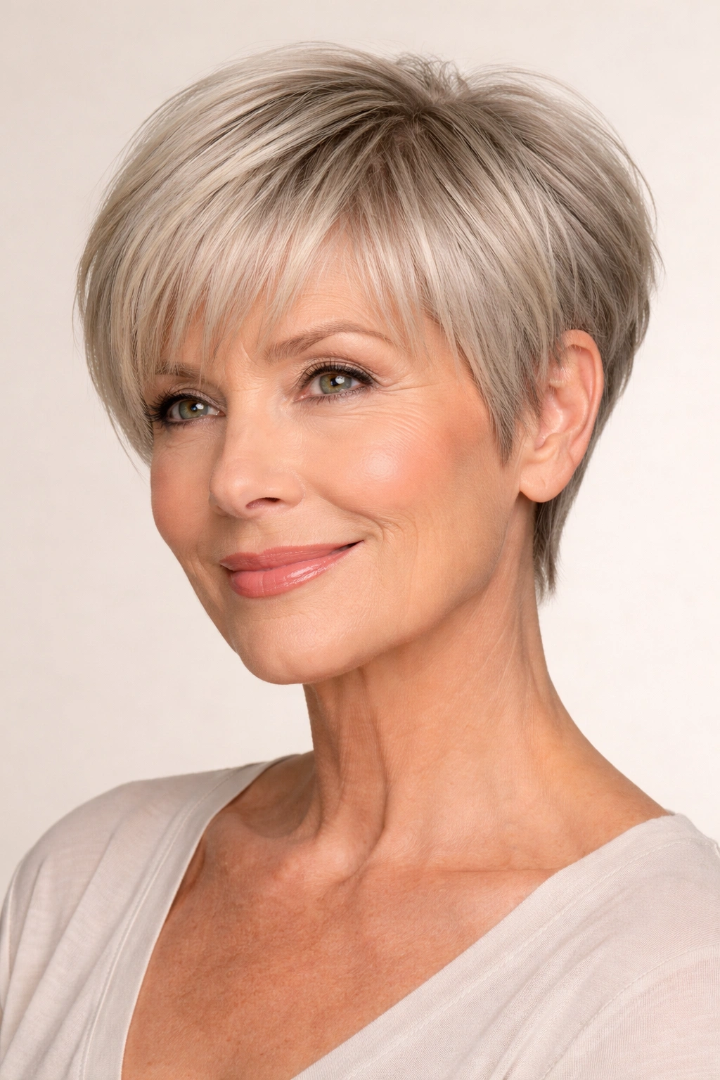 Blunt pixie with longer bangs framing the face in a studio portrait