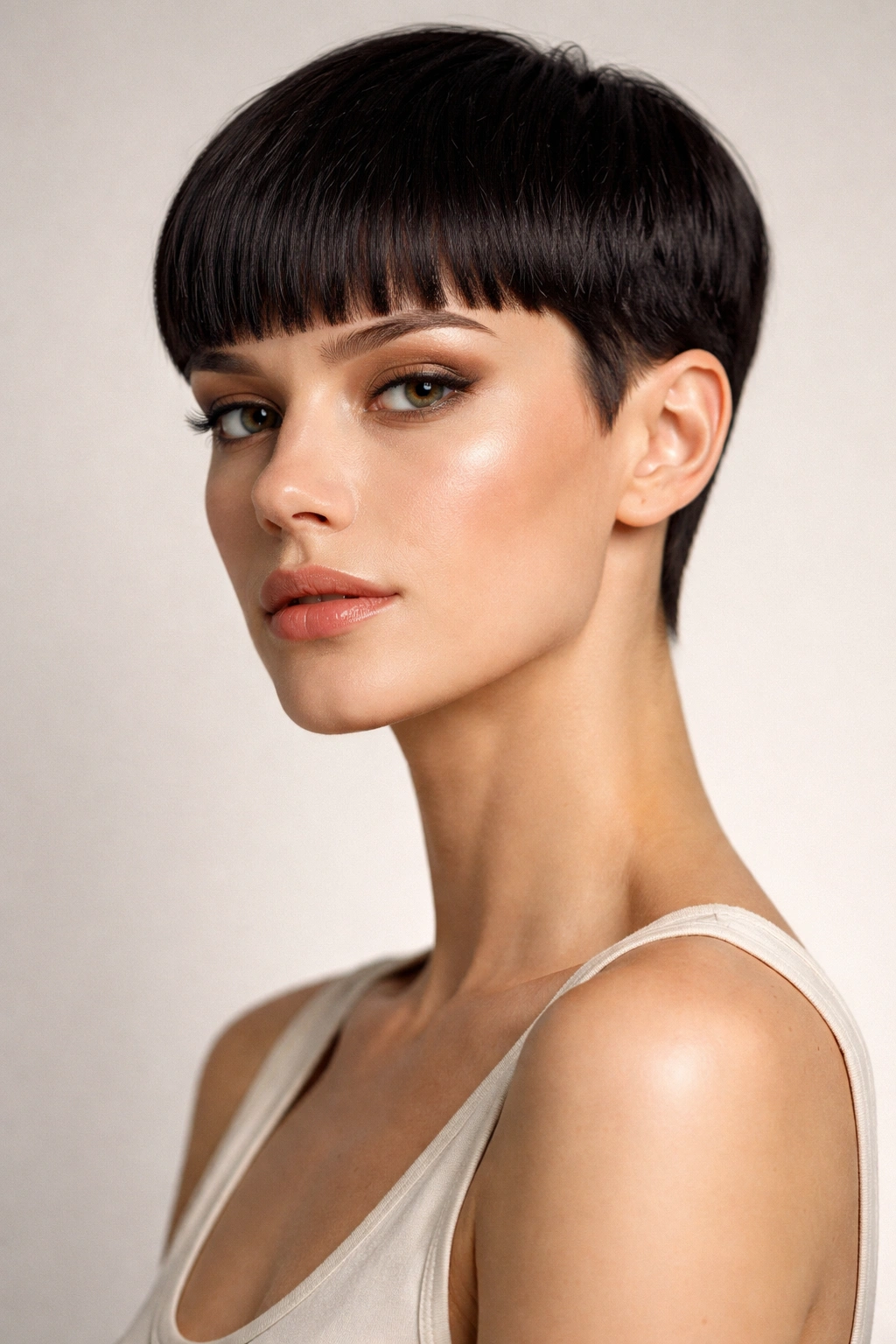 Portrait of blunt pixie with straight bangs in studio
