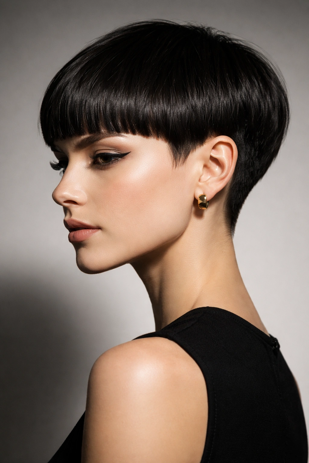 Side profile of blunt pixie with bangs and crisp edge
