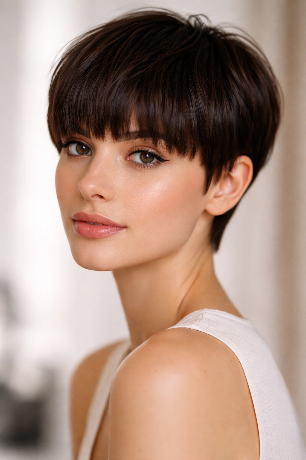 30 Short Haircuts That Flatter Almost Every Woman 11 Blunt pixie with full bangs framing the face