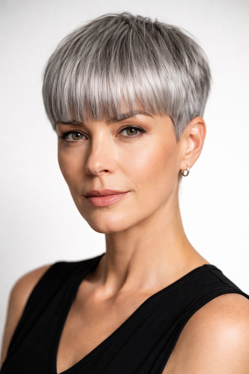 Portrait of a woman with blunt silver pixie and straight bangs.