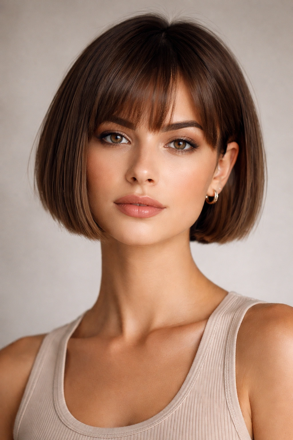 Portrait of a person with a blunt pixie bob featuring a blunt front line at the jaw