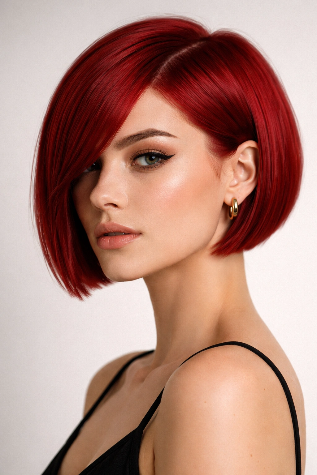 Close-up portrait of red hair in a blunt chin-length pixie bob with sharp geometric lines.