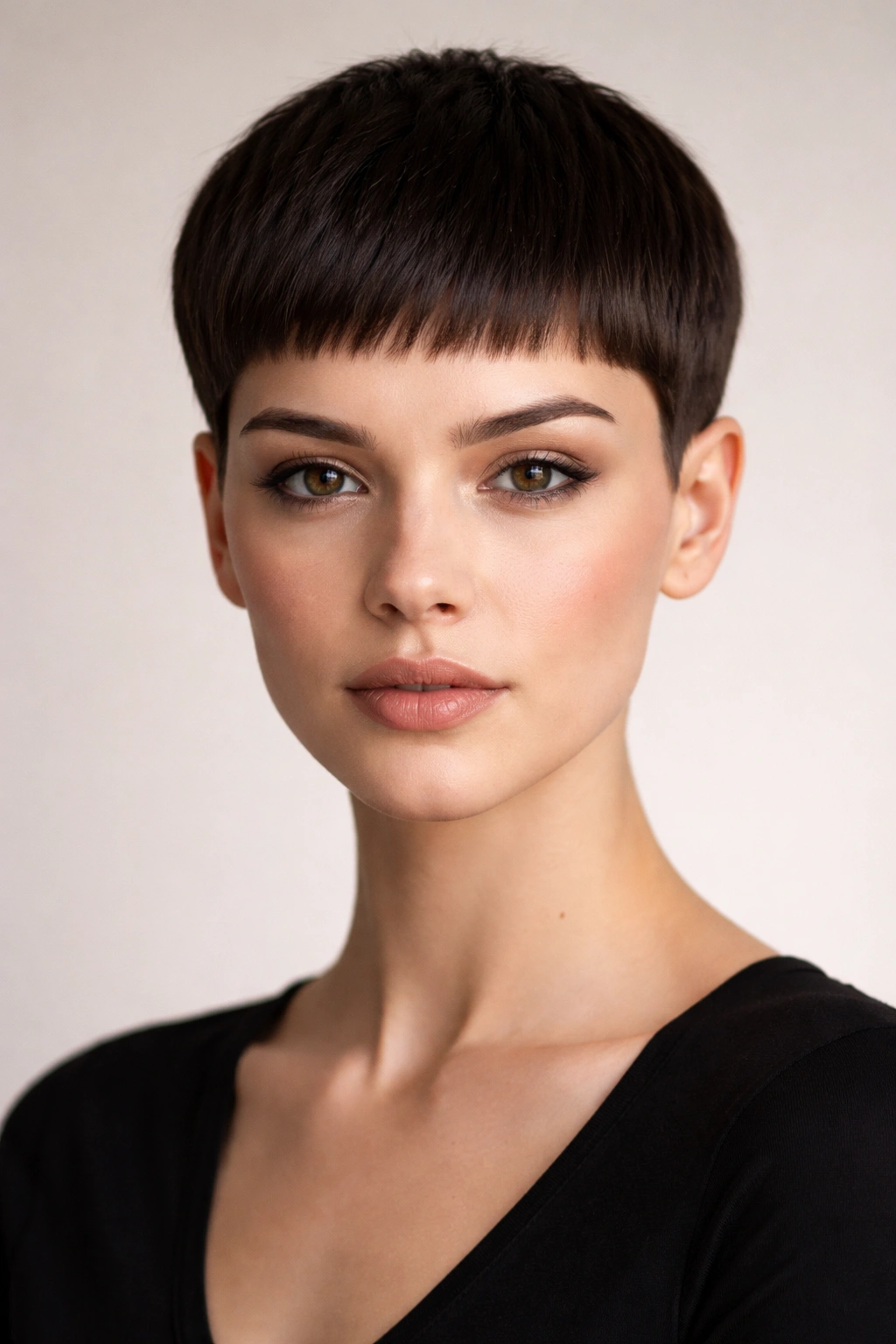 15 Short Haircuts That Look Great Without Bangs 12 Front view of blunt pixie crop with sharp geometric lines