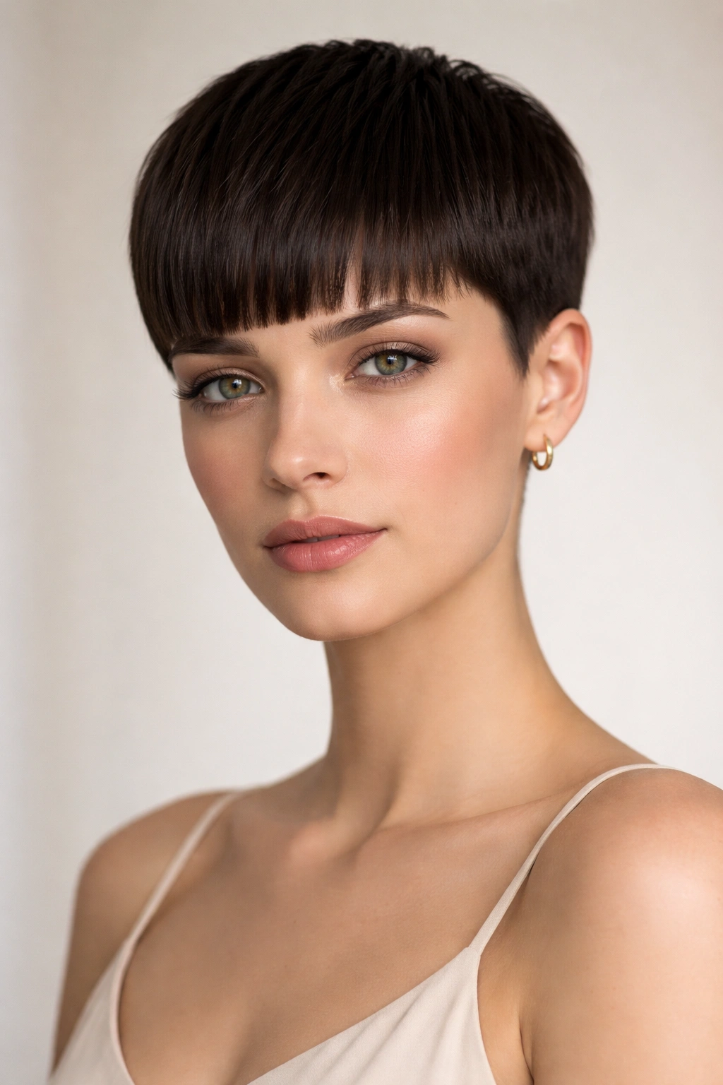Portrait of a pixie with blunt, sharp-edged top and short sides.