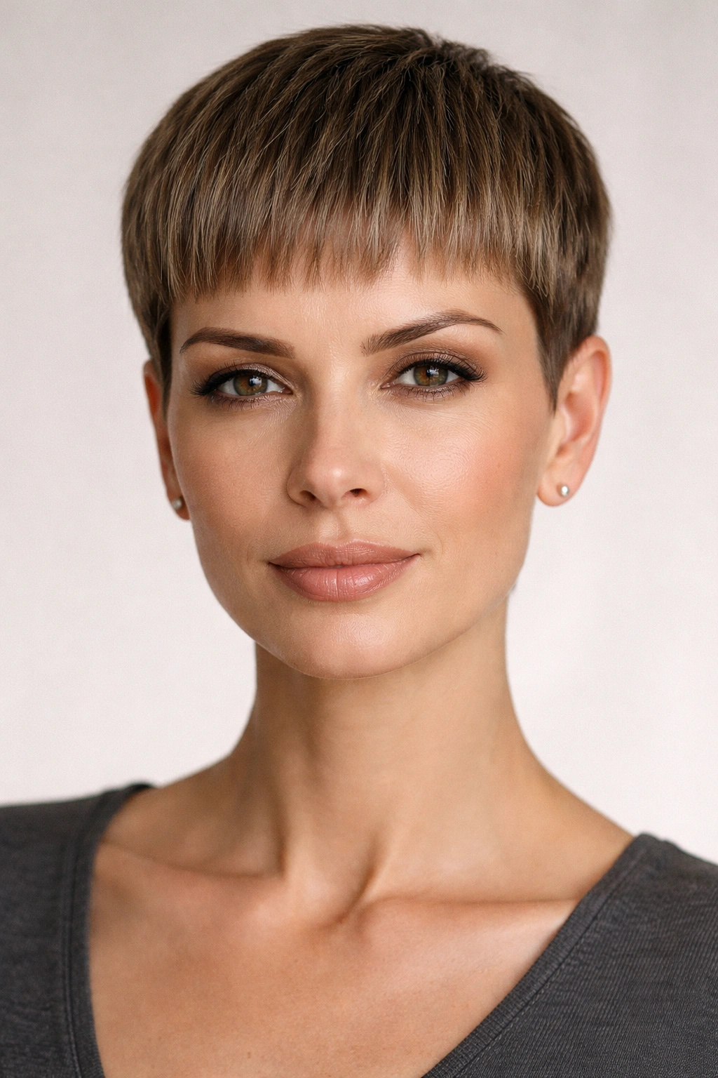 12 Pixie Cuts That Look Stunning In Your 40s 11 Front portrait of a blunt pixie cut with a sharp, even edge
