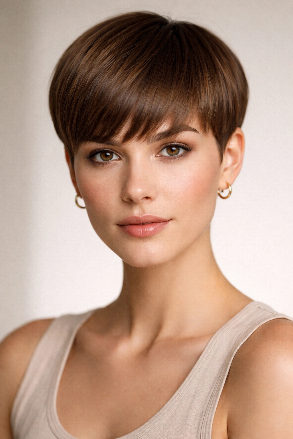 30 Pixie Cuts For Women Who Hate Fussing 3 Front view of blunt pixie cut with uniform length around head
