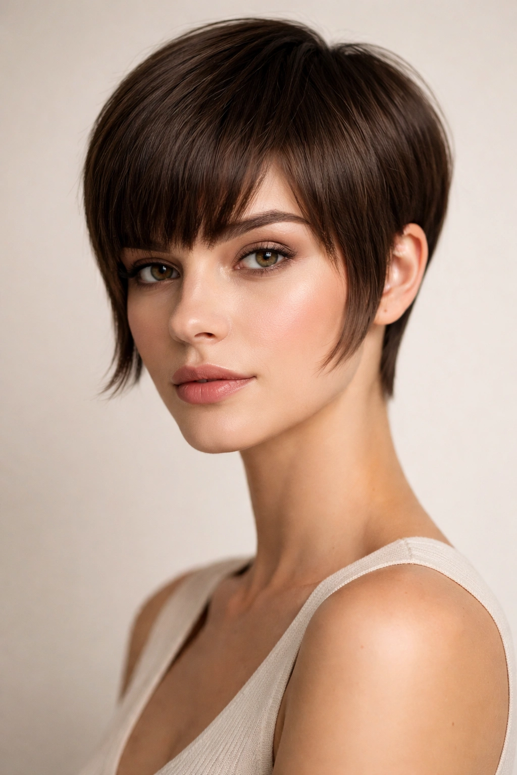 10 Longer Pixie Cuts With A Soft Feminine Feel 7 Close-up of blunt-edged pixie with face-framing pieces in studio lighting