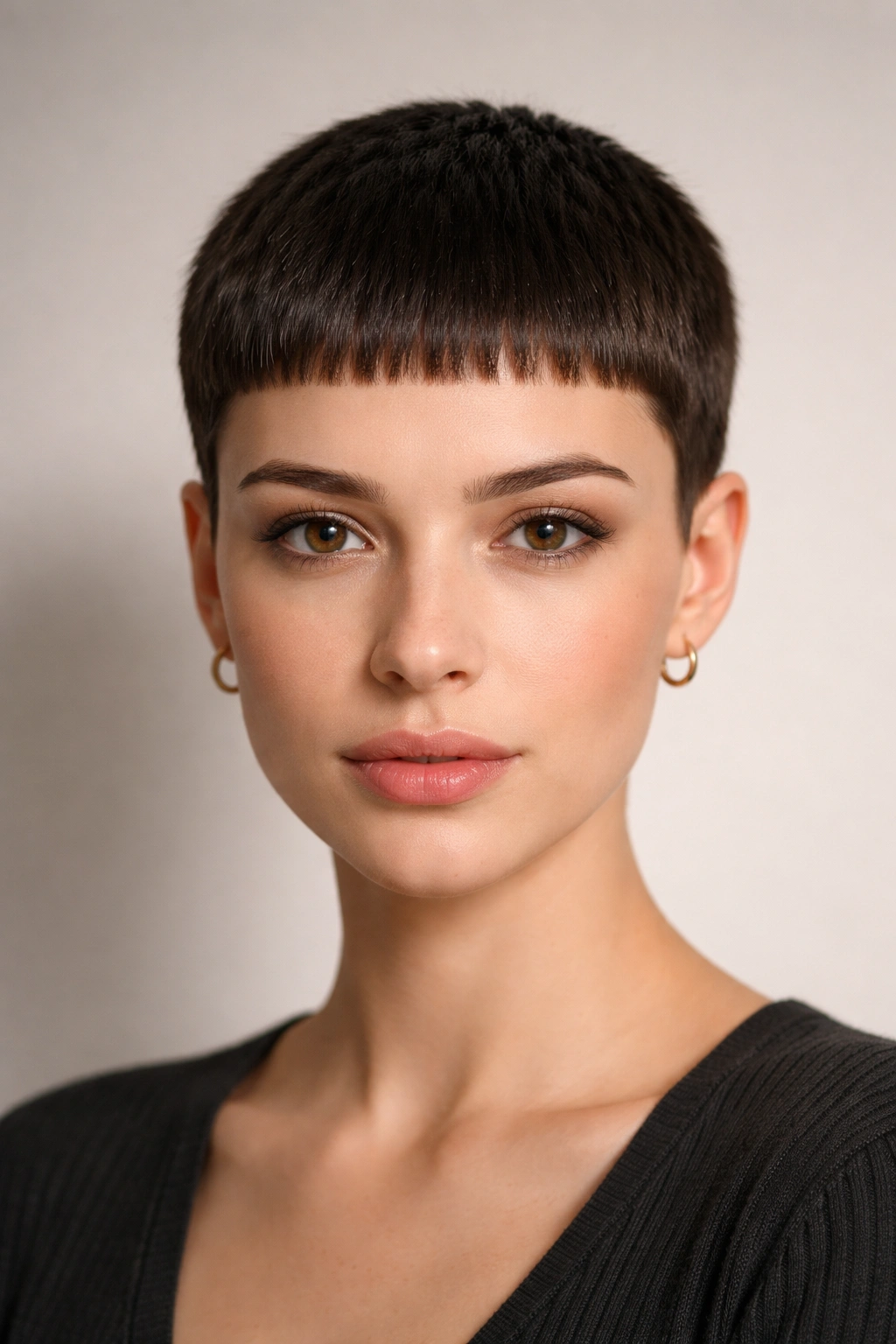 Close-up portrait of blunt ultra-short pixie cut with crisp edge