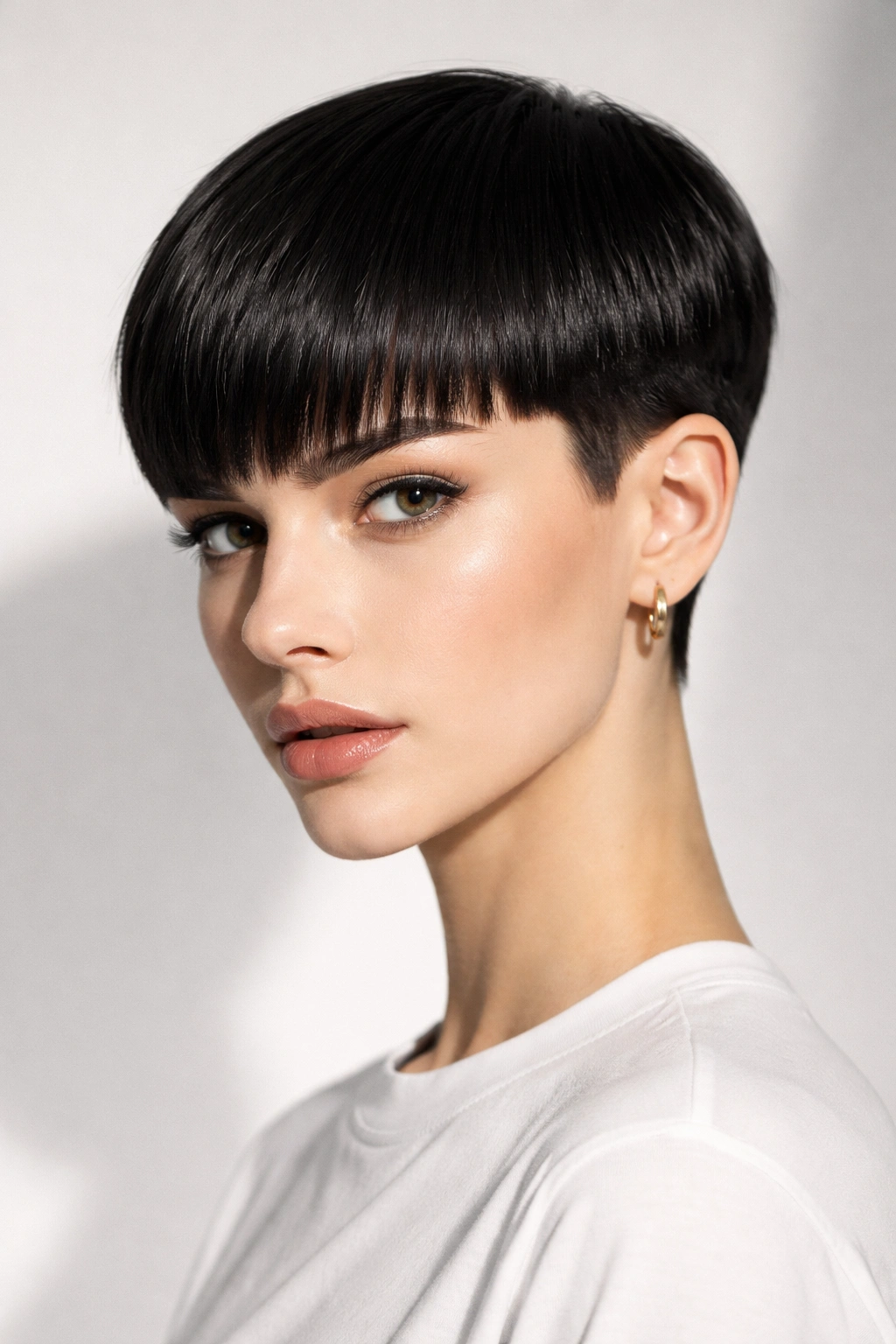 Blunt pixie with severe edges and crisp lines.