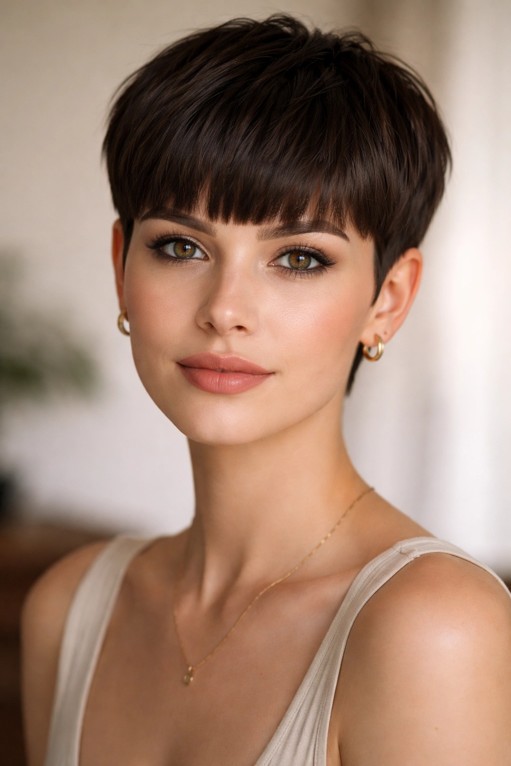 25 Short Haircuts Matched To Your Face Shape 10 Close-up portrait of a blunt pixie with bangs for heart-shaped faces in studio light