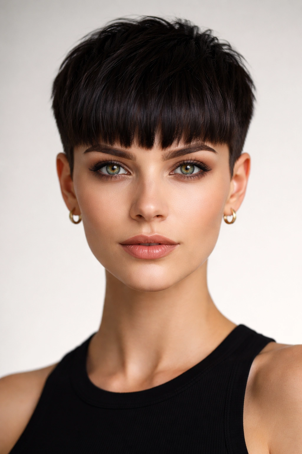 Close-up portrait of blunt pixie with heavy bangs and sharp edges