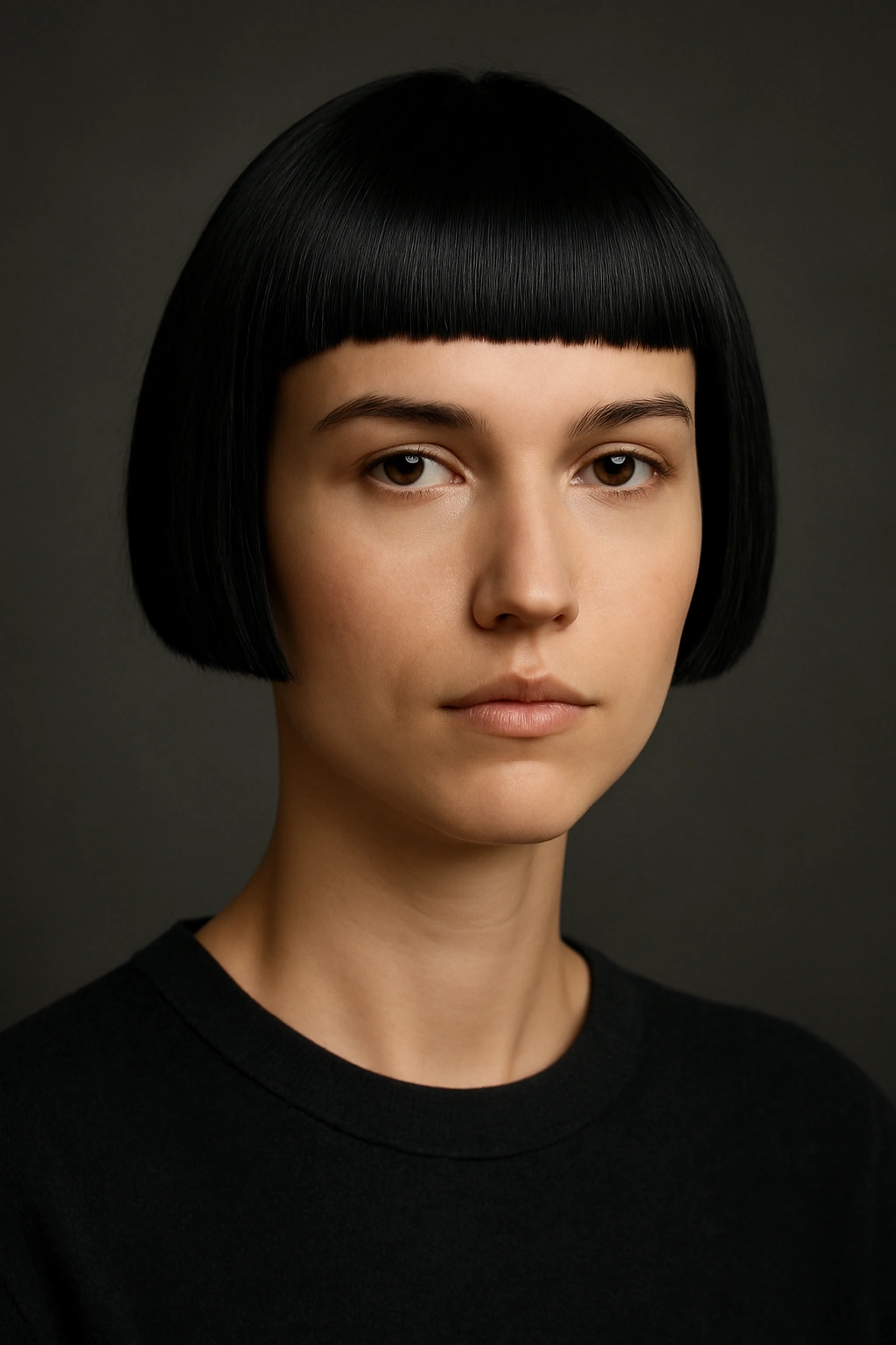 Front-facing image of a blunt pixie cut with a single length and bold edge under studio lighting