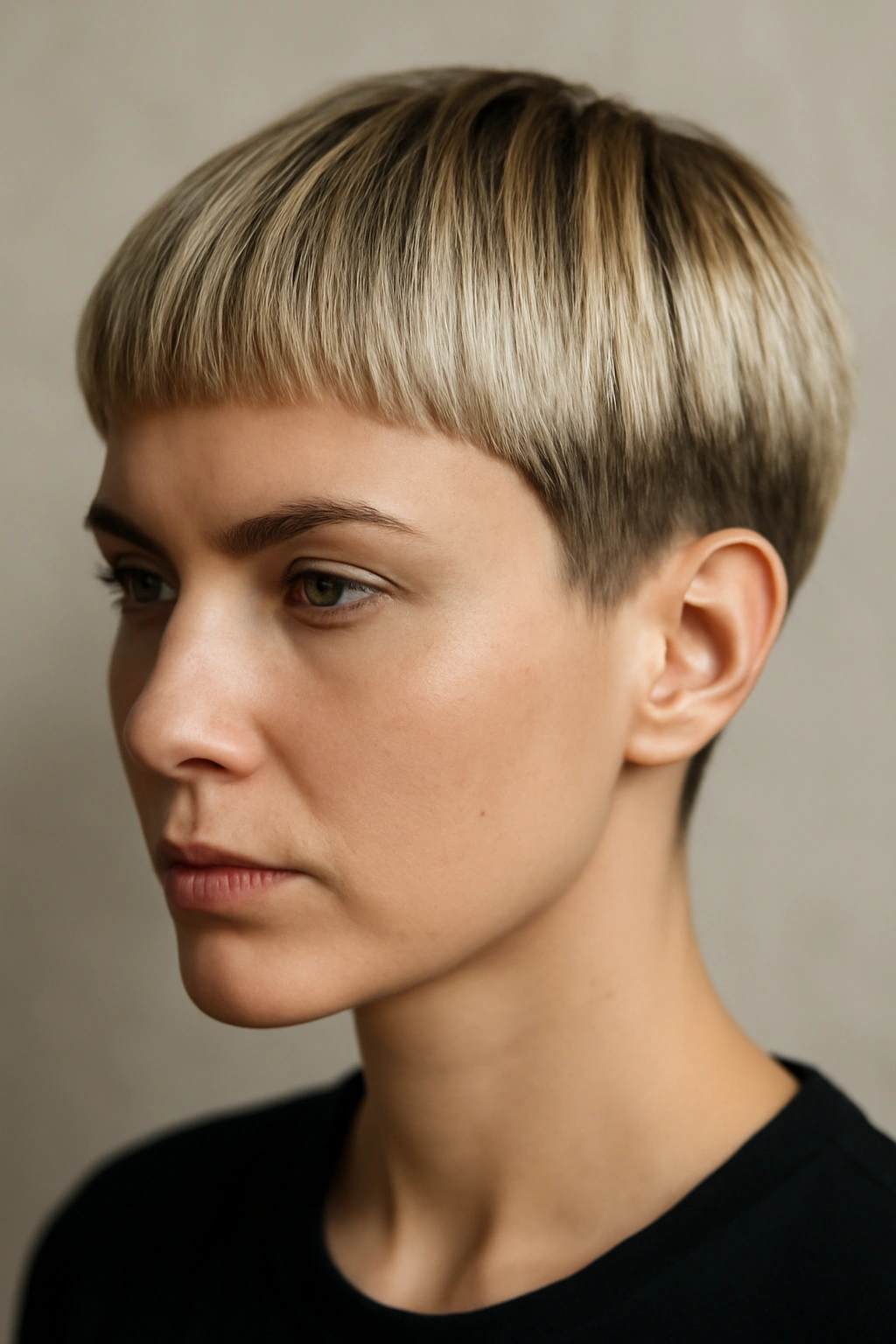 12 Short Haircuts With Highlights That Truly Stand Out 7 Blunt pixie with rooted blonde showing sharp edges and shadow root