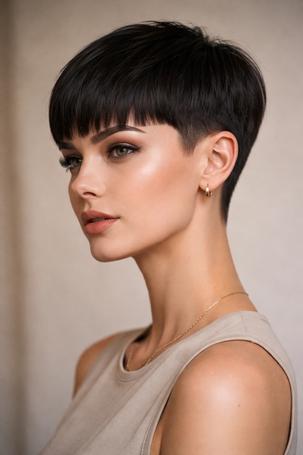 30 Short Haircuts Women Swear By And Rebook 7 Close-up portrait highlighting a blunt pixie cut with sharp edges and minimal blending.