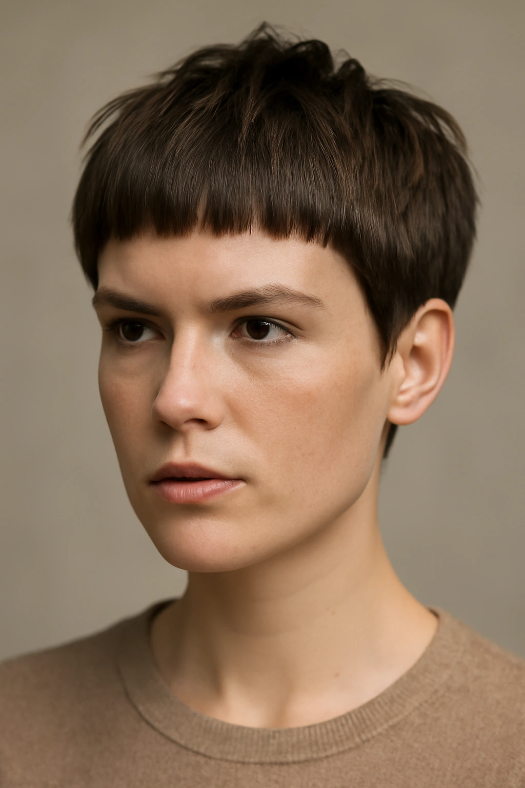 20 Pixie Cuts Sorted By Age And Face Shape 6 Blunt pixie on square-faced model with clean edge