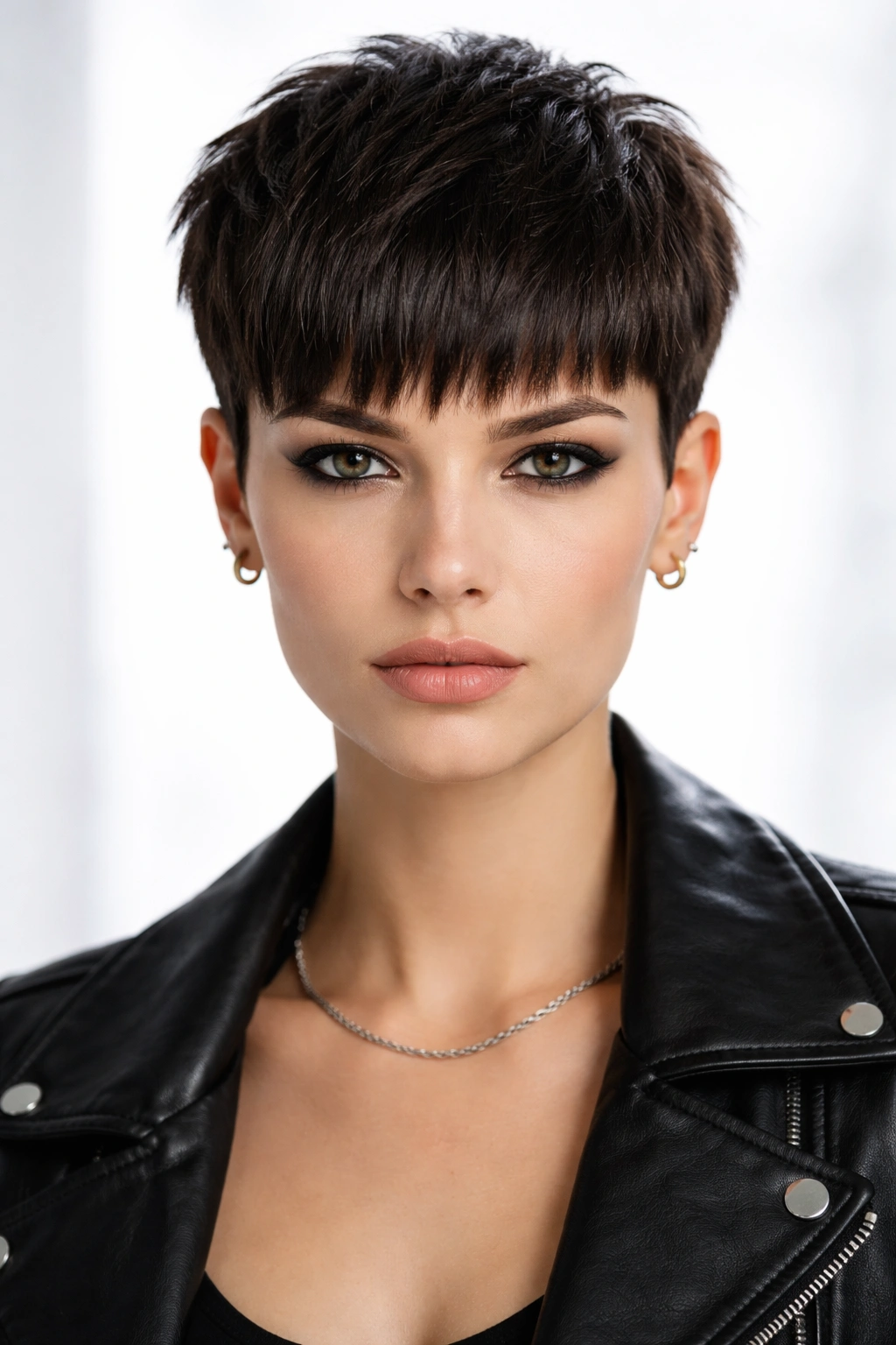 Front view of blunt textured pixie with razor-cut interior texture.