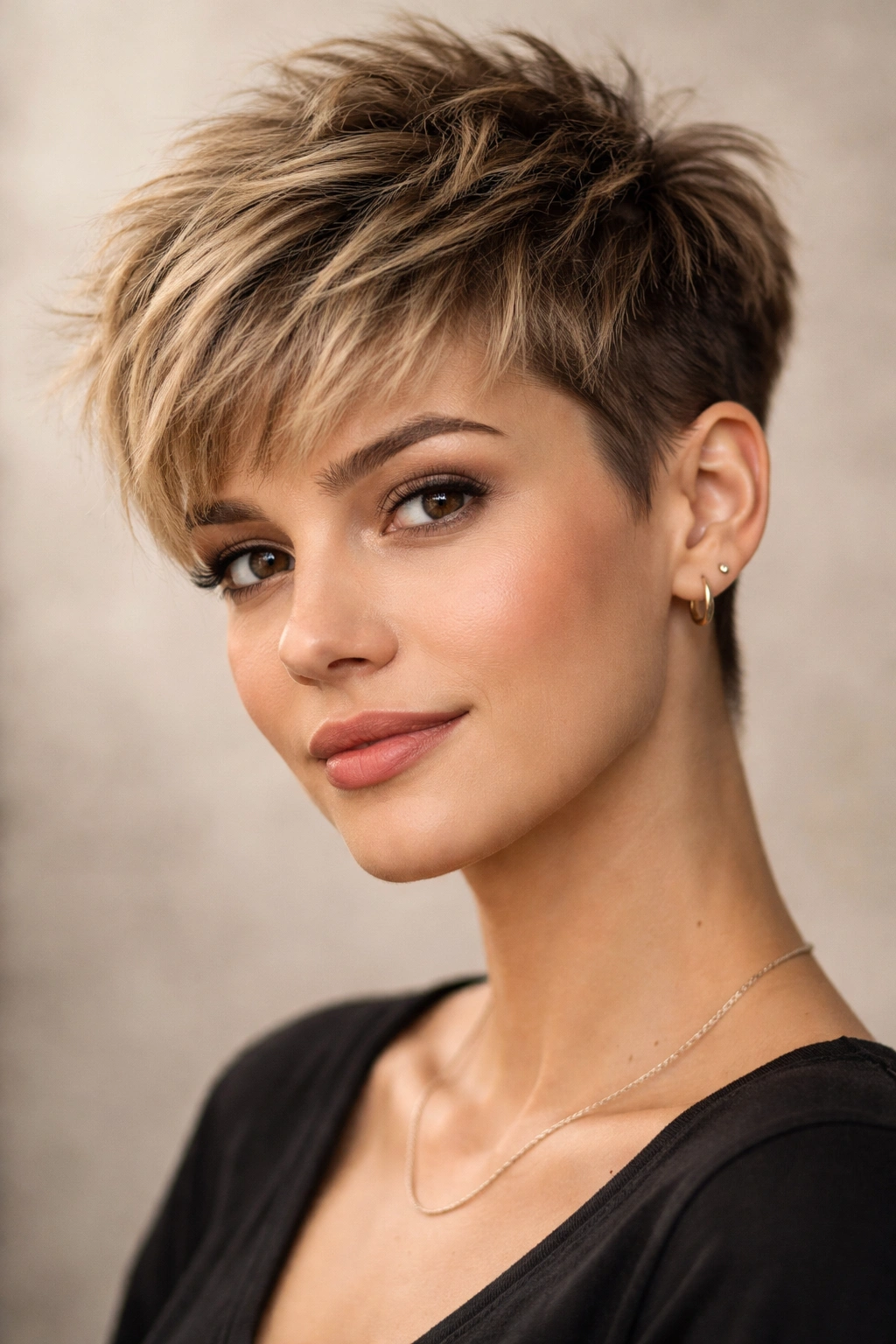 15 Short Haircuts That Instantly Make You Look Younger 13 Close-up portrait of blunt pixie haircut with longer textured top showing dramatic contrast