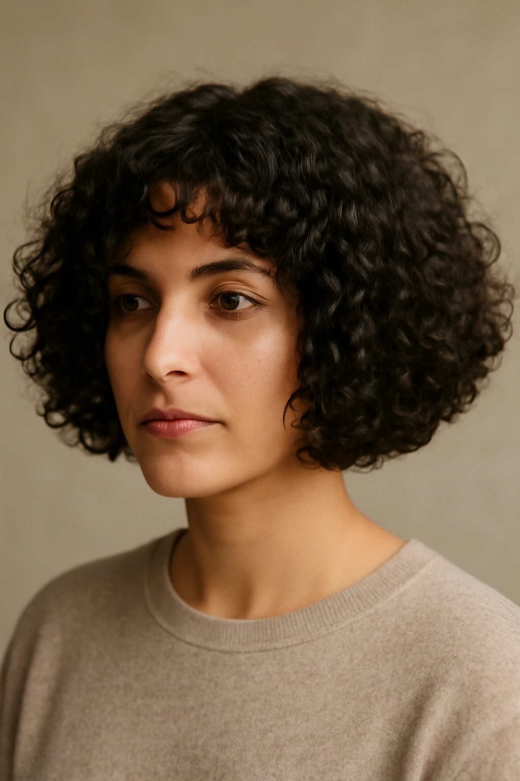 15 Gorgeous Bob Haircuts for Women With Curly Hair 7 Blunt Rounded Bob for Thick Curly Hair: chin-length helmet-like silhouette on thick curls in studio setting