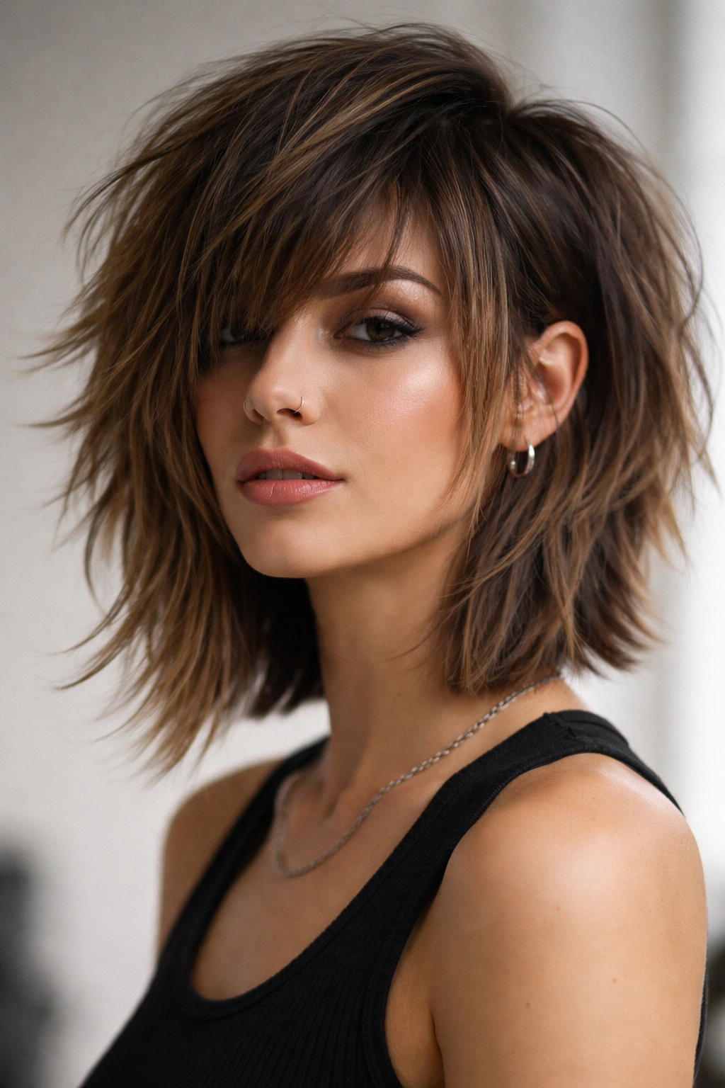 10 Uneven Bob Haircuts For An Edgy Statement 3 Model with blunt shag featuring asymmetrical layers and pronounced movement.