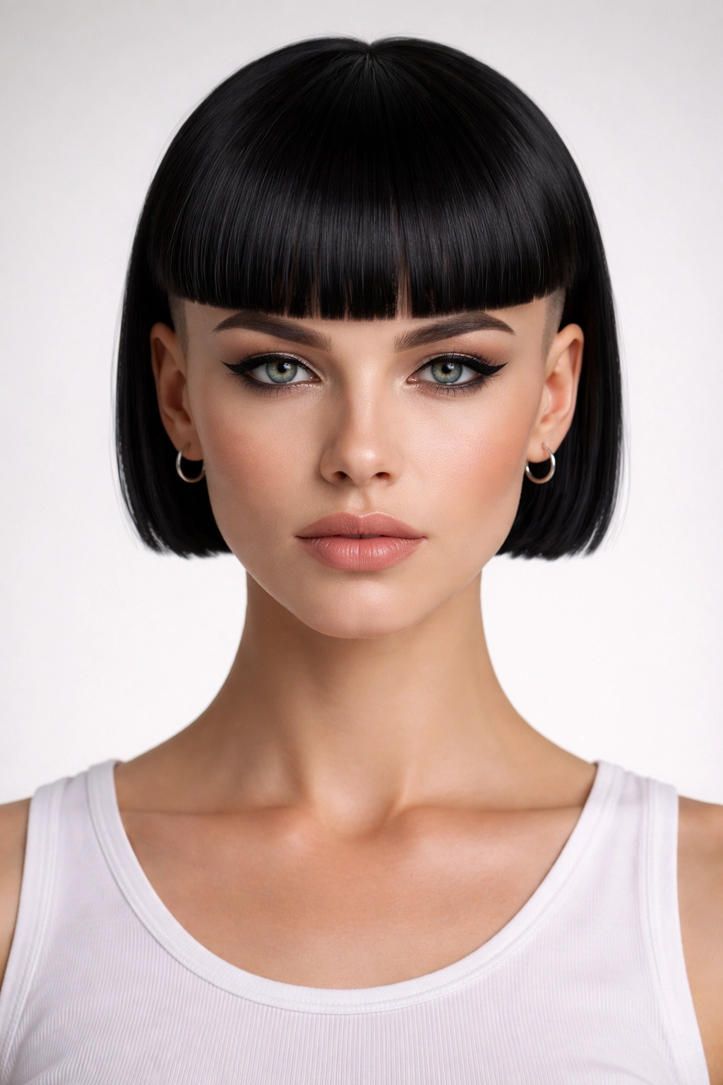 Front portrait of a blunt shaved hairstyle with blunt bangs