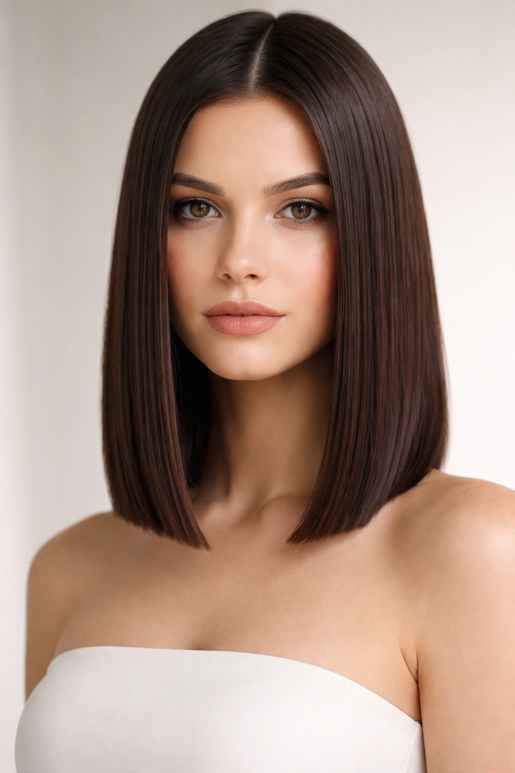 Blunt shoulder-length haircut with a sharp straight edge