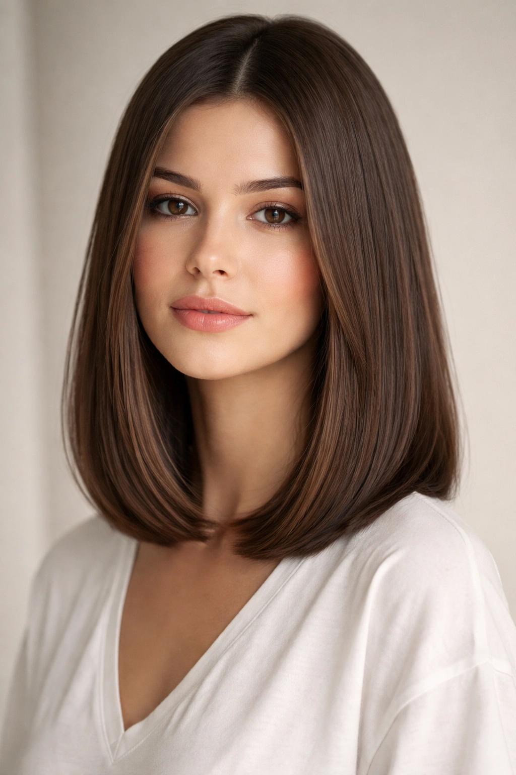 25 Medium Length Hairstyles That Suit Everyone 4 Portrait of a person with shoulder-length blunt cut hair, crisp lines and minimal layering.