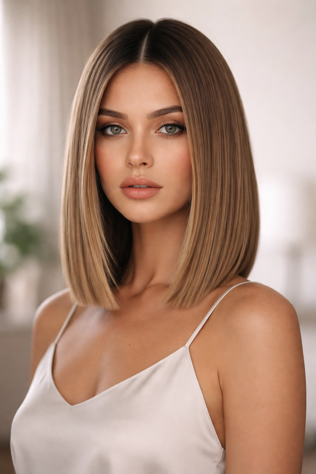 Portrait of a blunt shoulder-length cut with a crisp line