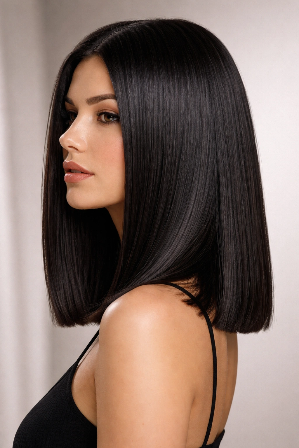 Blunt shoulder-length cut on thick straight hair