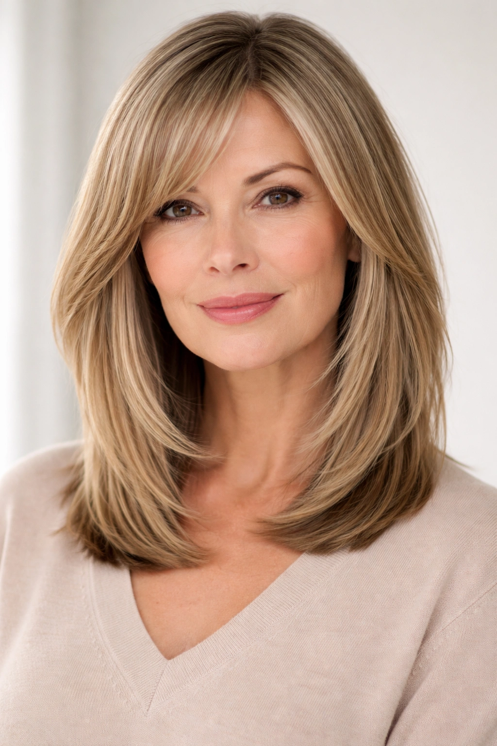 Blunt shoulder-length hairstyle with blunt edge and subtle layers
