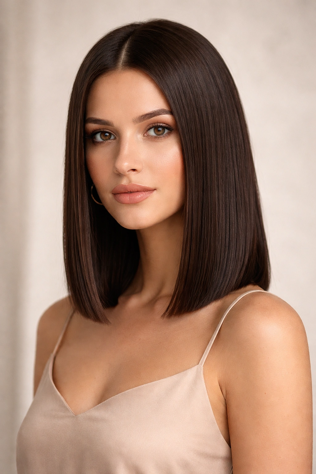 Close-up of a blunt shoulder-length straight haircut showing a sharp edge at the shoulders