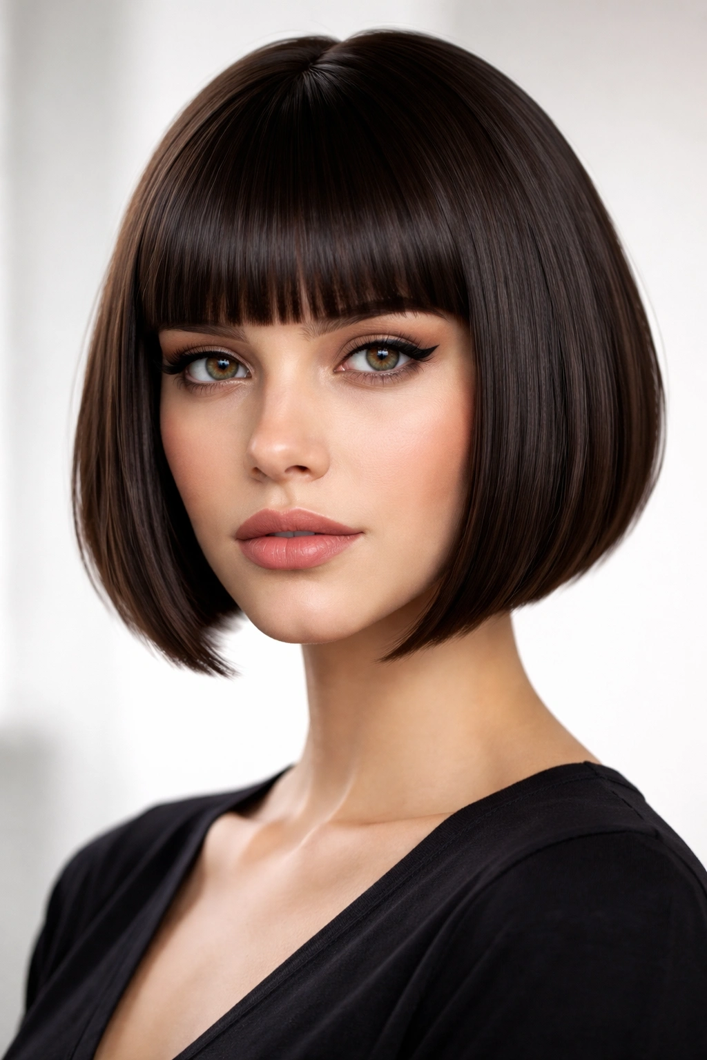 Portrait of a person with blunt stacked bob and straight-across bangs just above the brow.