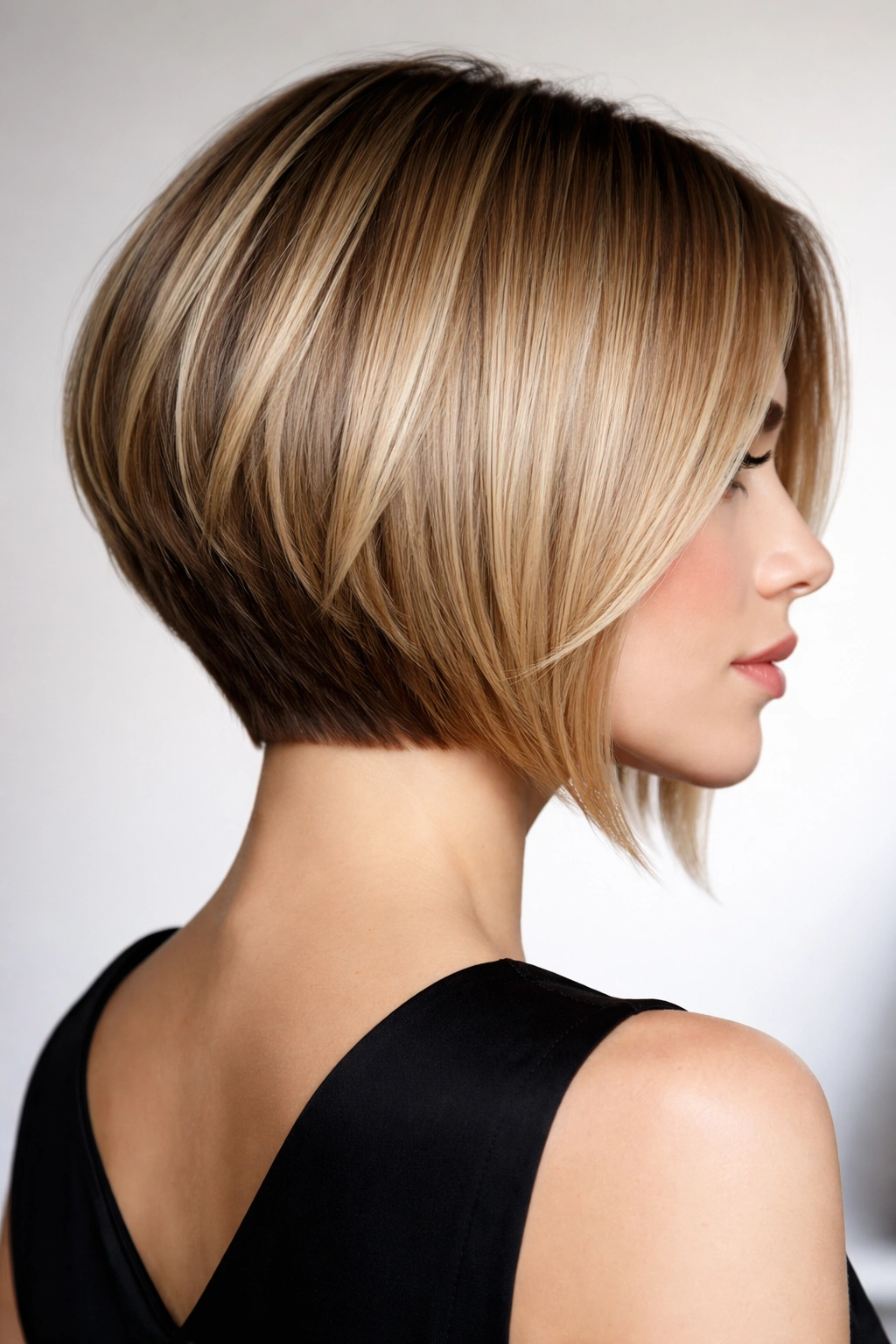 Portrait of Blunt Stacked Bob showing a blunt back edge and longer front pieces