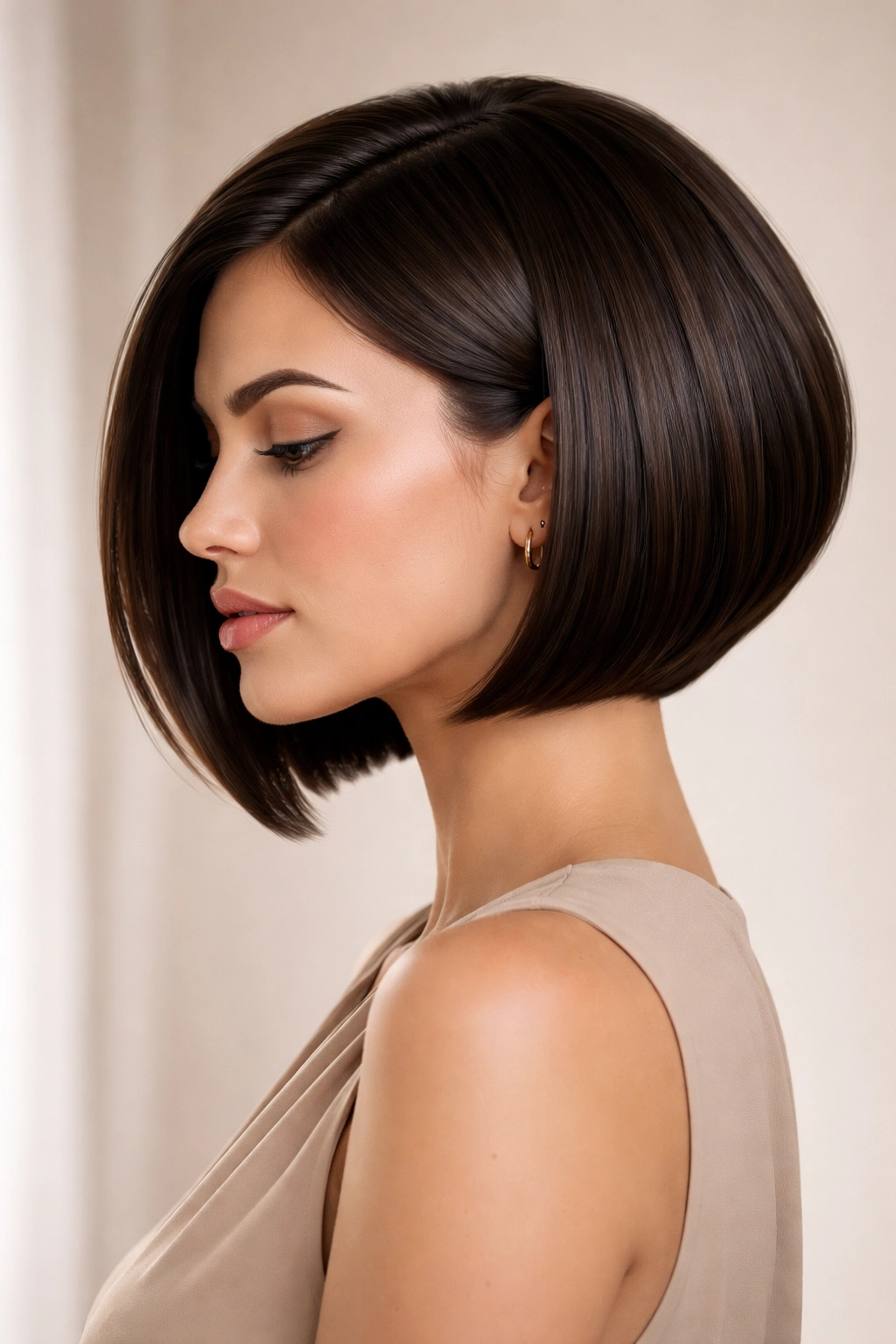 15 Stacked Bob Cuts For Thick And Fine Hair 1 Close-up of a jaw-length blunt stacked bob with stacked back and face-framing front.