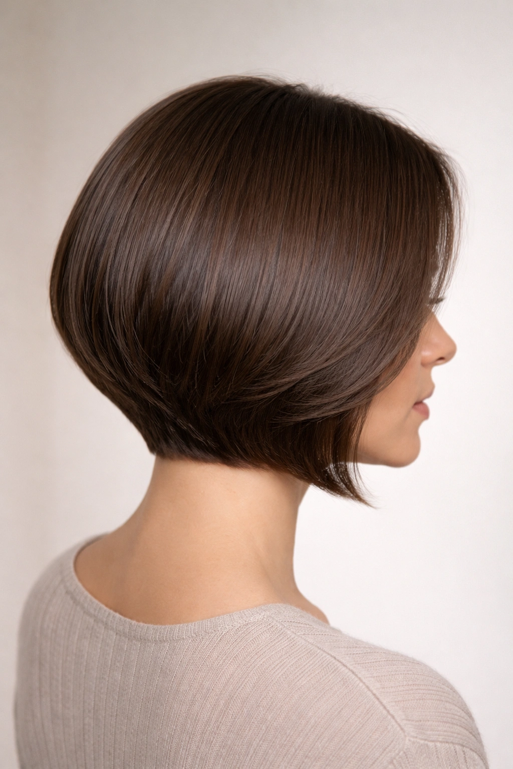 Close-up of a blunt stacked bob with subtle layers, showing a crisp rounded silhouette in a neutral studio