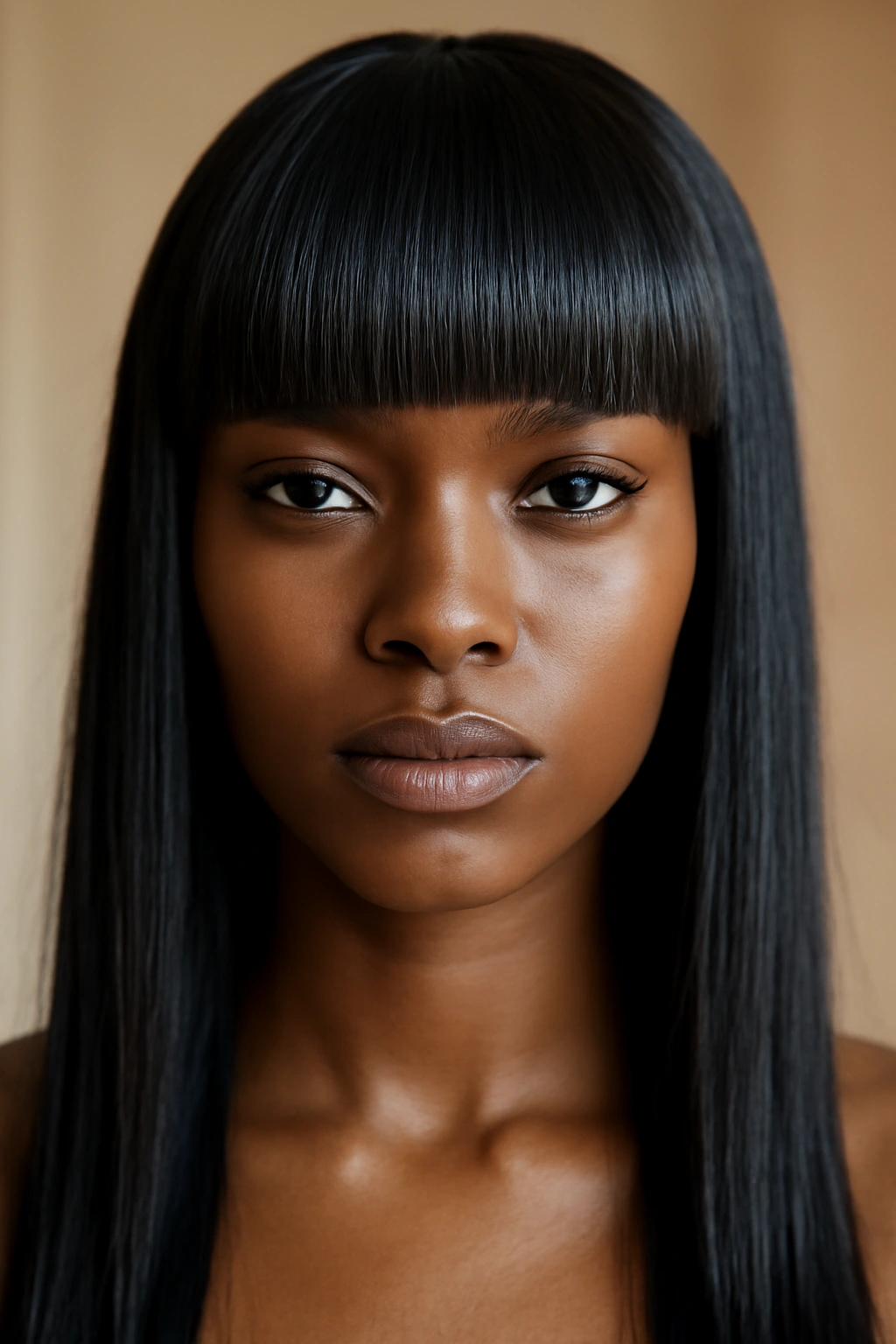12 Bangs Hairstyles That Flatter Black Women 2 Close-up of a Black woman with blunt straight bangs