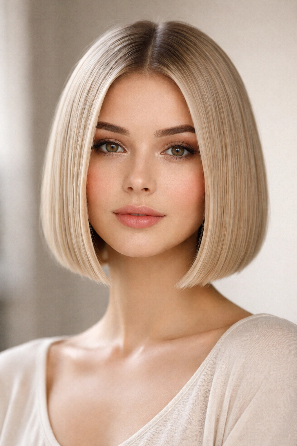 15 Short Bob Styles Sorted By Hair Texture 1 Close-up of a blunt straight bob on fine hair highlighting a sharp chin-length edge.