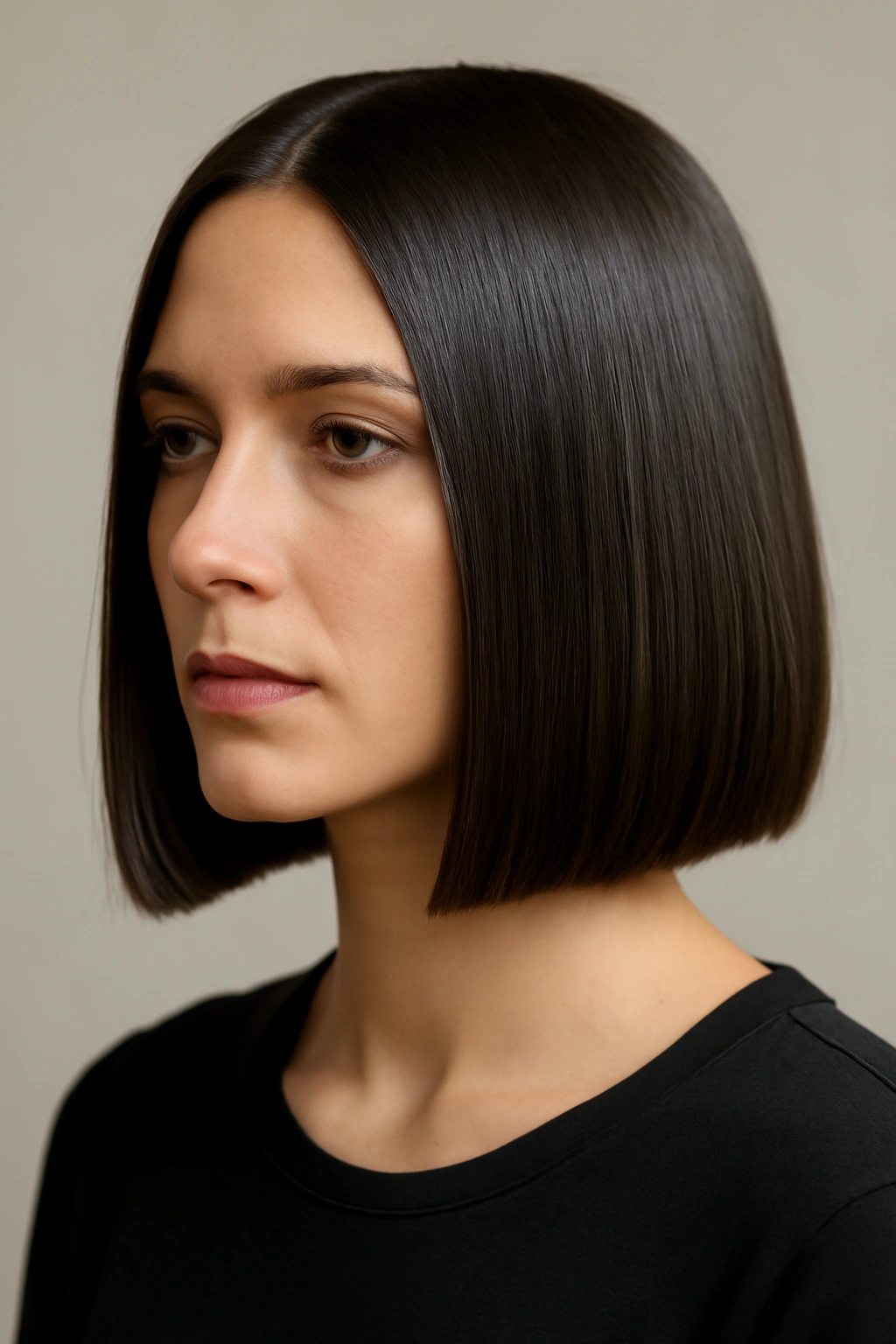 12 Straight Styles That Make Shoulder-Length Hair Look Amazing 7 Close-up of a shoulder-length blunt straight bob with a crisp, symmetrical cut