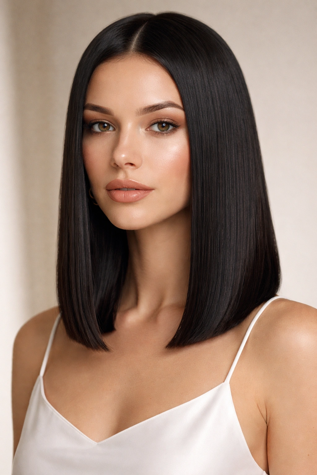 Close-up portrait of a person with a blunt straight haircut, collarbone-length and precise line.
