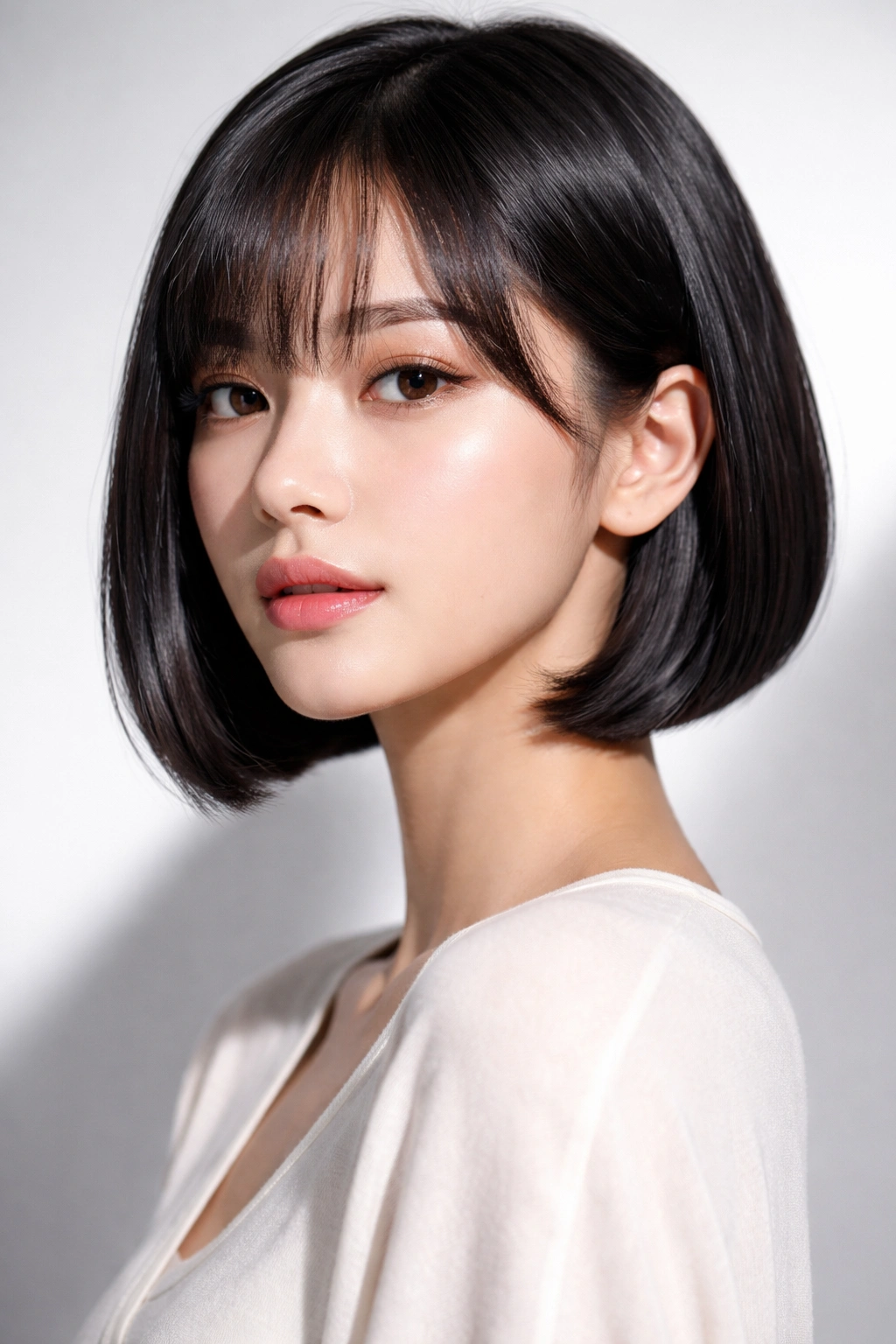 Model wearing a blunt tapered bob with a sharp front edge