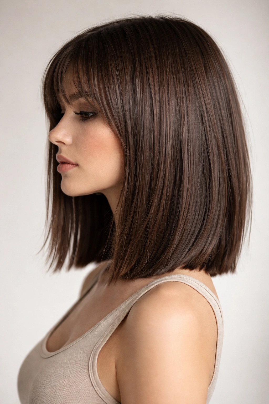Close-up side profile of blunt medium length hair with choppy texture
