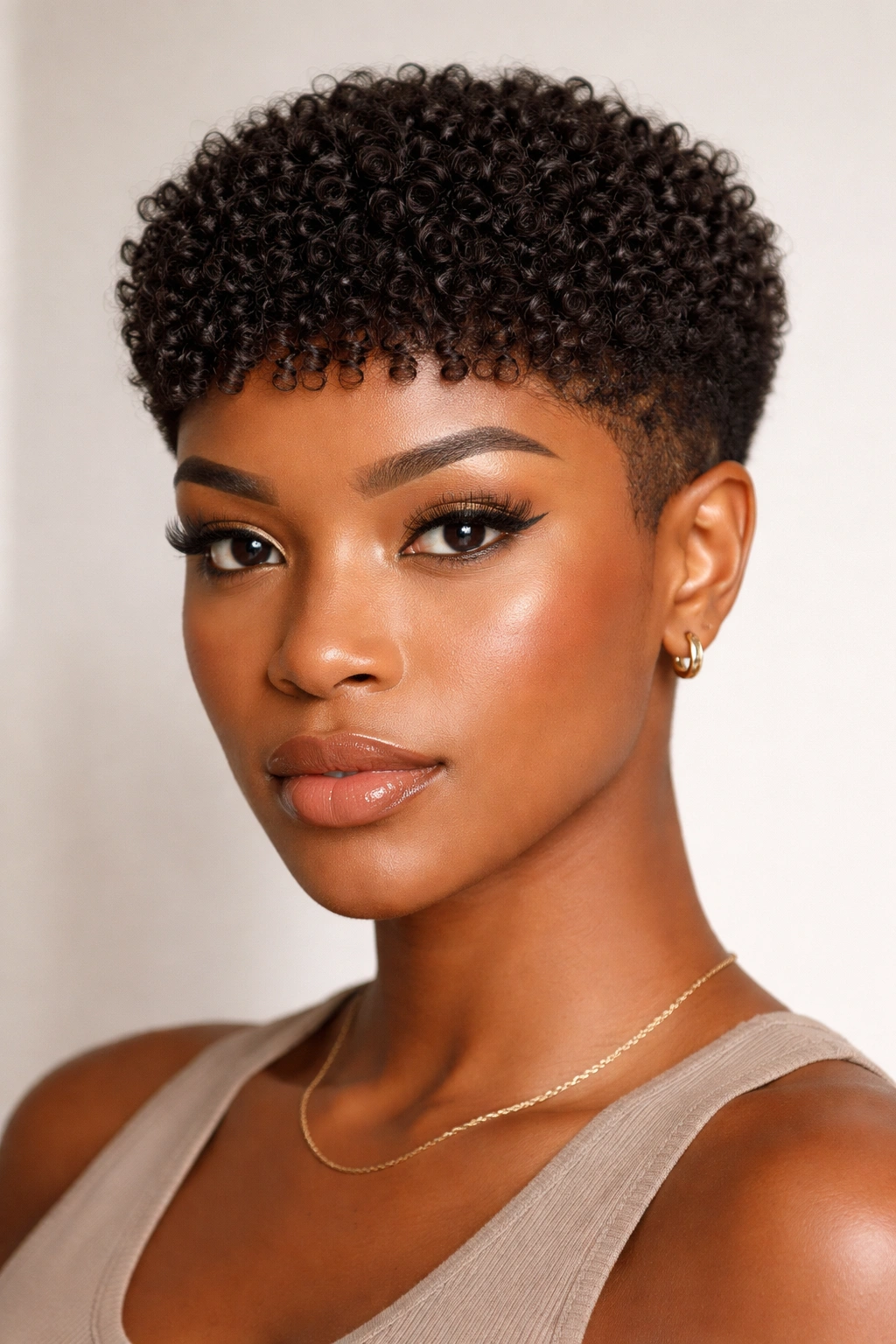 Portrait of a Black woman with a blunt cropped curly cut showing a bold, clean edge