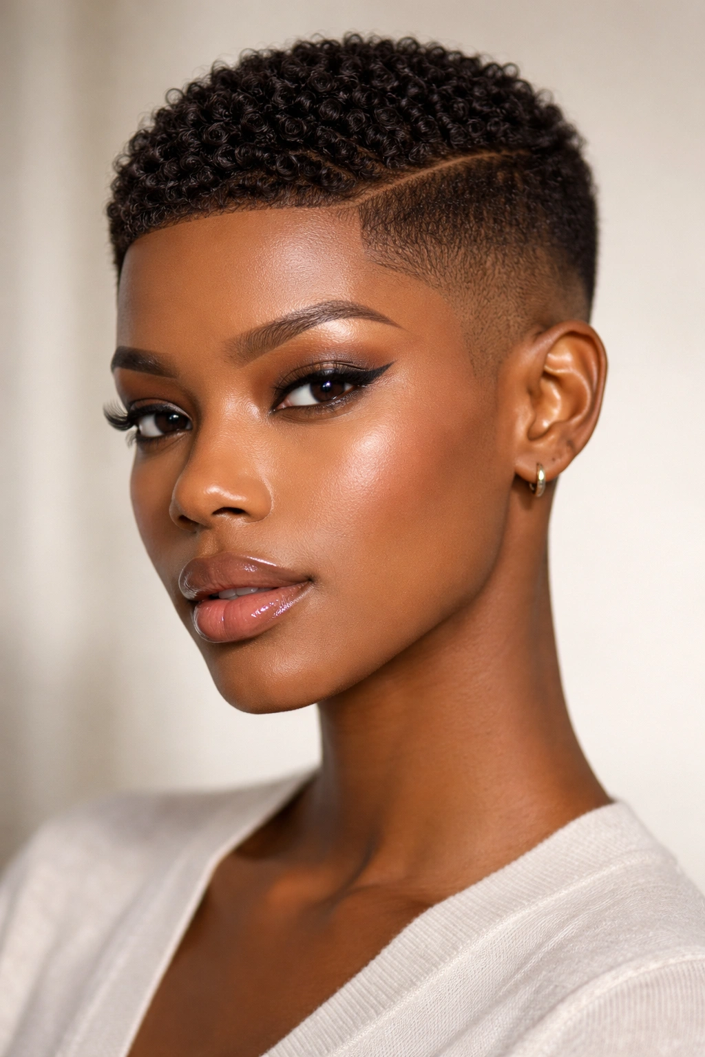 Portrait of a Black woman with blunt textured crop hairstyle
