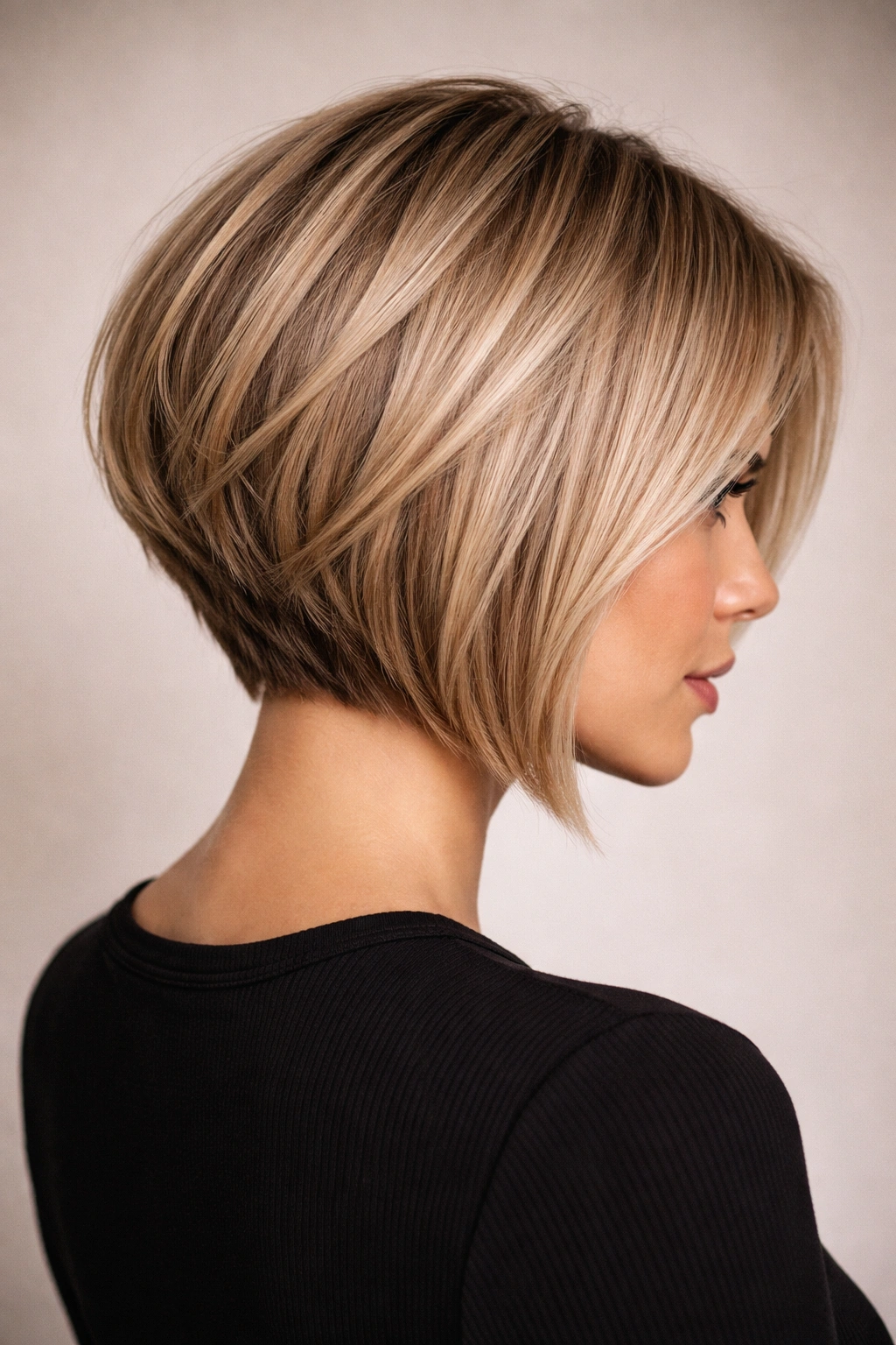 Close-up of a short blunt-textured stacked bob with lift at the nape and sharp front framing.
