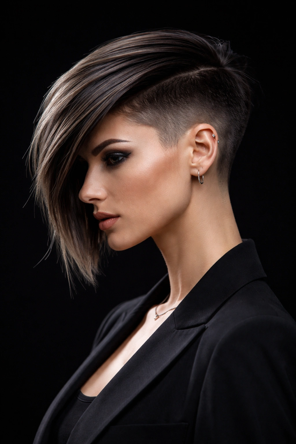 Profile shot showing an undercut and blunt top with side asymmetry
